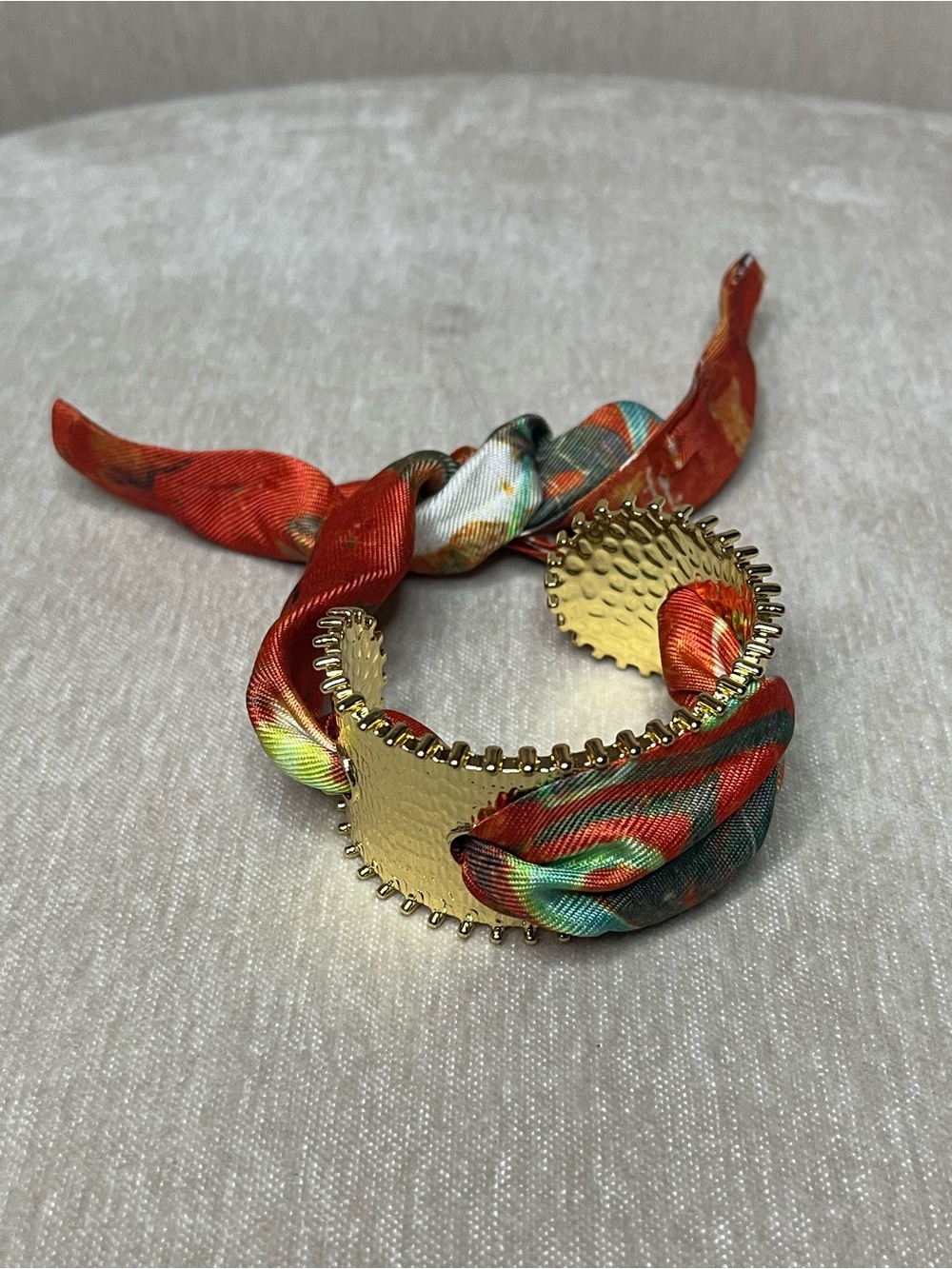 Gold Cuff Bracelet with Red Multi-Color Silk Wrap